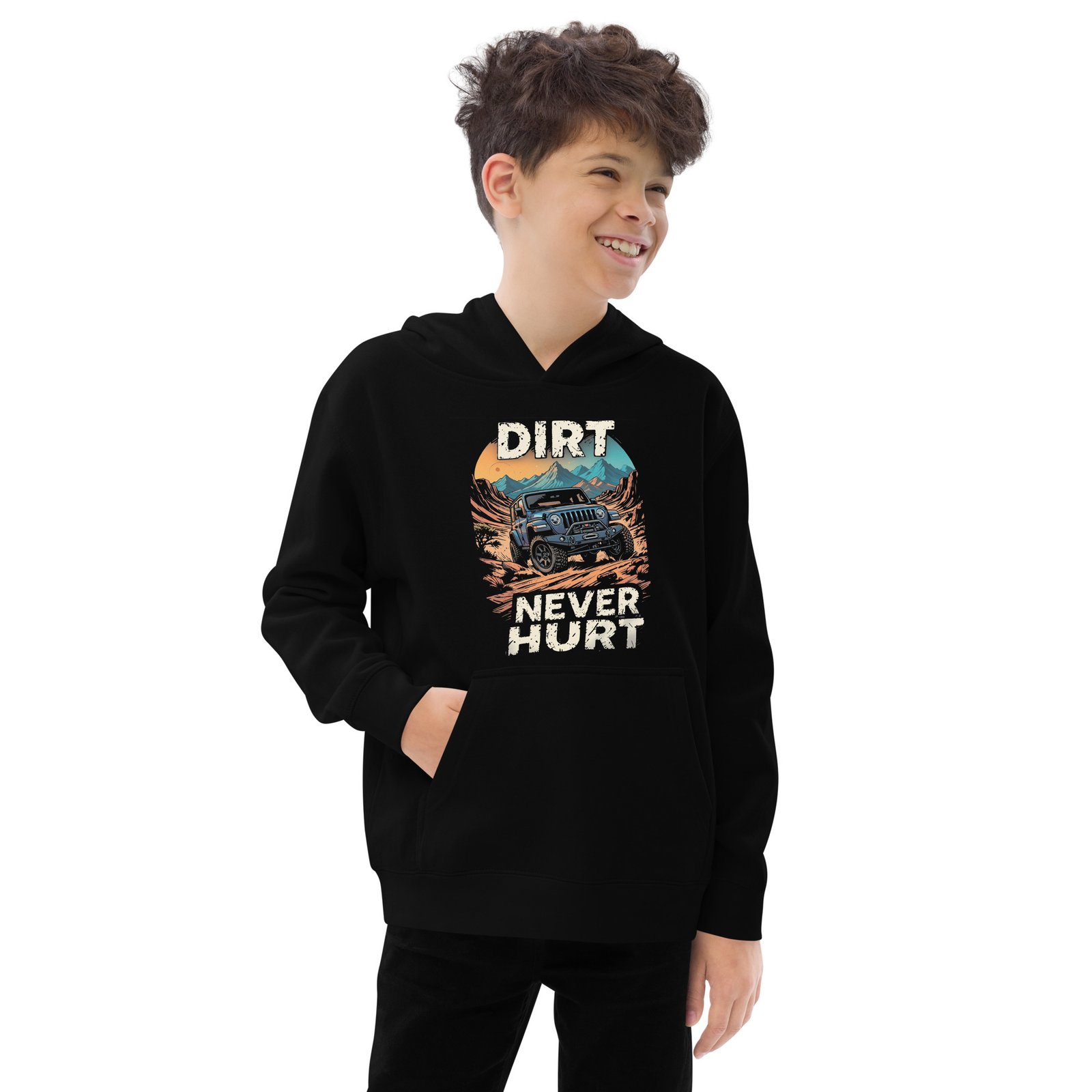 Dirt Never Hurt - Mountain Trail Off-Road Kids Fleece Hoodie - Black - Image 2