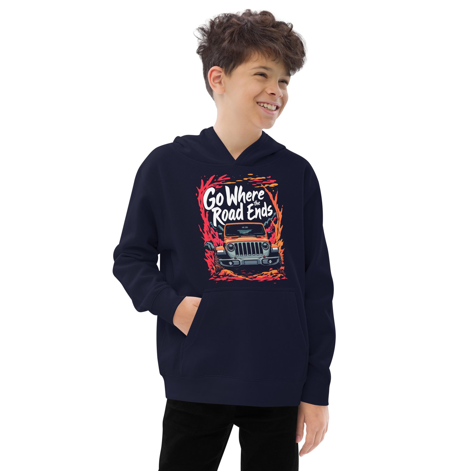 Go Where The Road Ends - Youth Mountain Off-Road Rig Kids Fleece Hoodie - Navy Blazer - Image 3