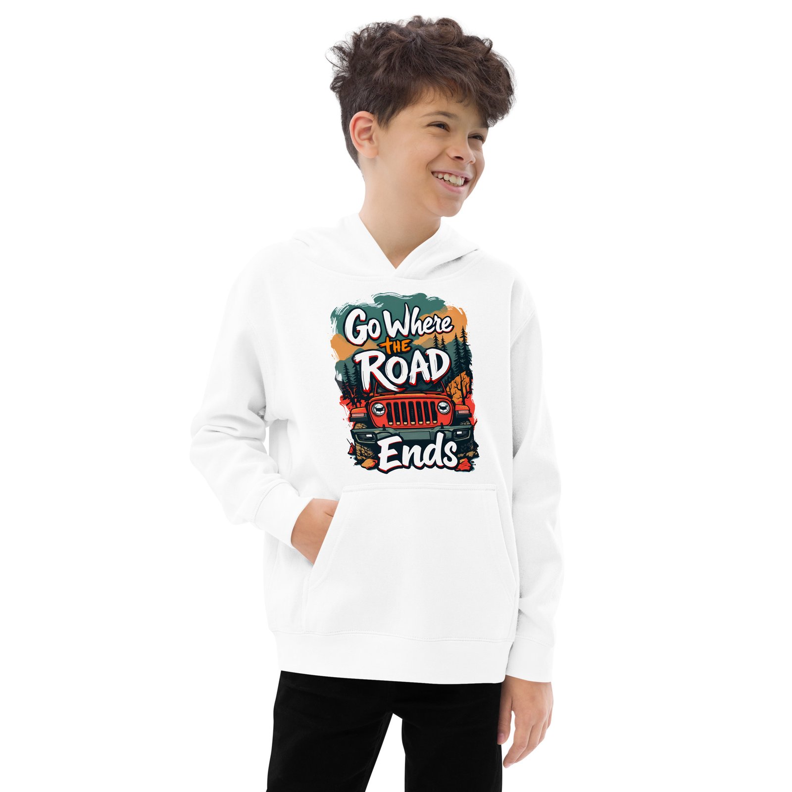 Go Where The Road Ends - Mountain Pass 4X4 Rig Kids Fleece Hoodie - White - Image 1