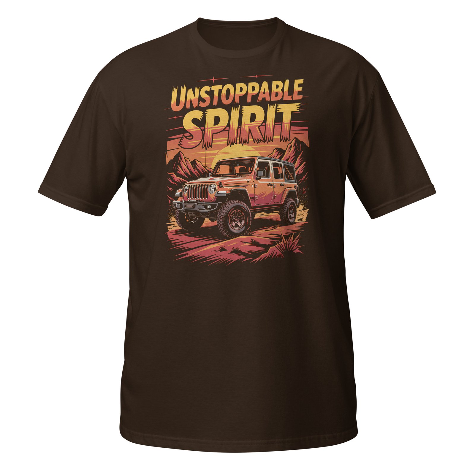 Unstoppable Spirit - Sunset Orange 4X4 Rig Unisex T-Shirt - Dark Chocolate - Image 1