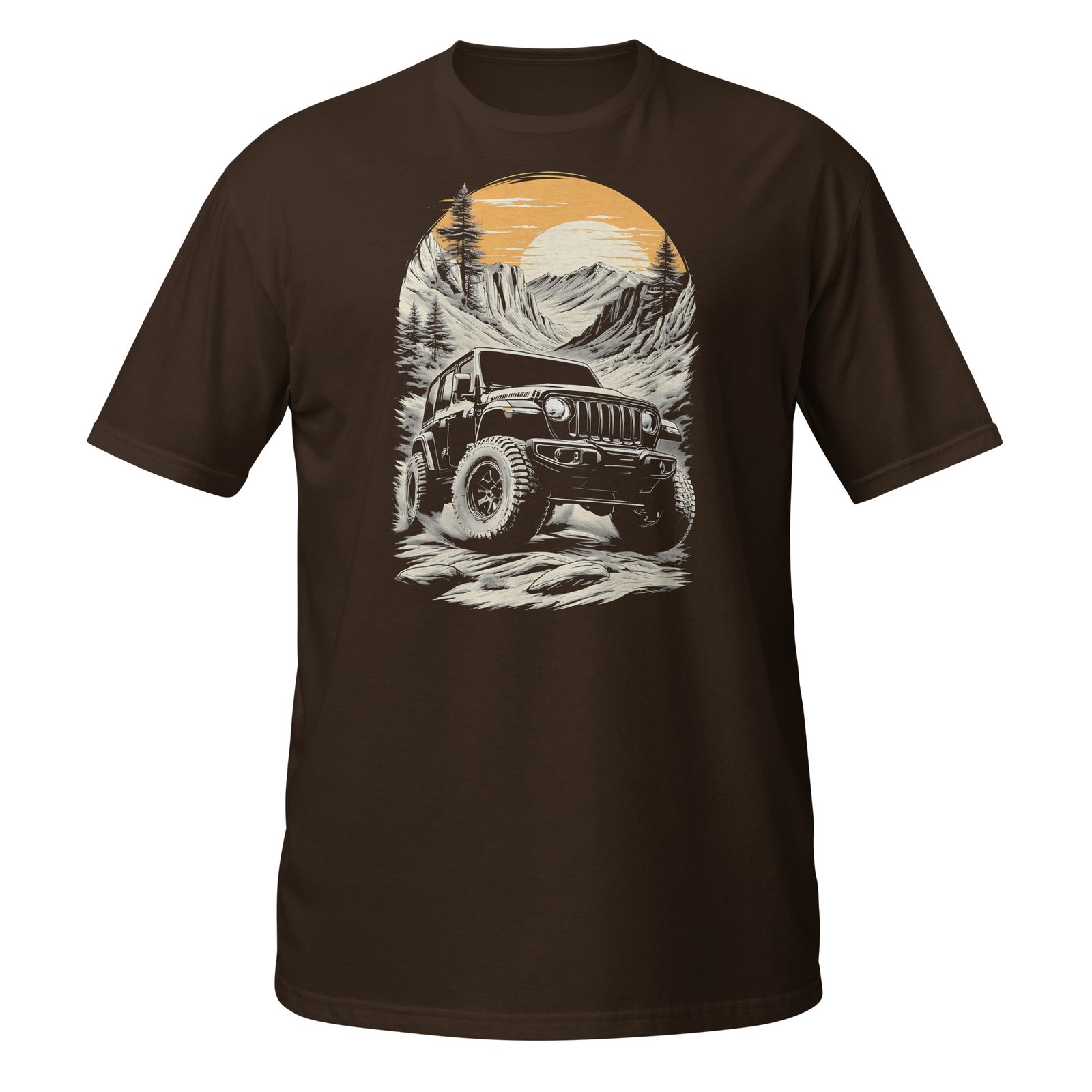 Alpine Sunset Trail - Black 4X4 Trail Rig Unisex T-Shirt - Dark Chocolate - Image 5