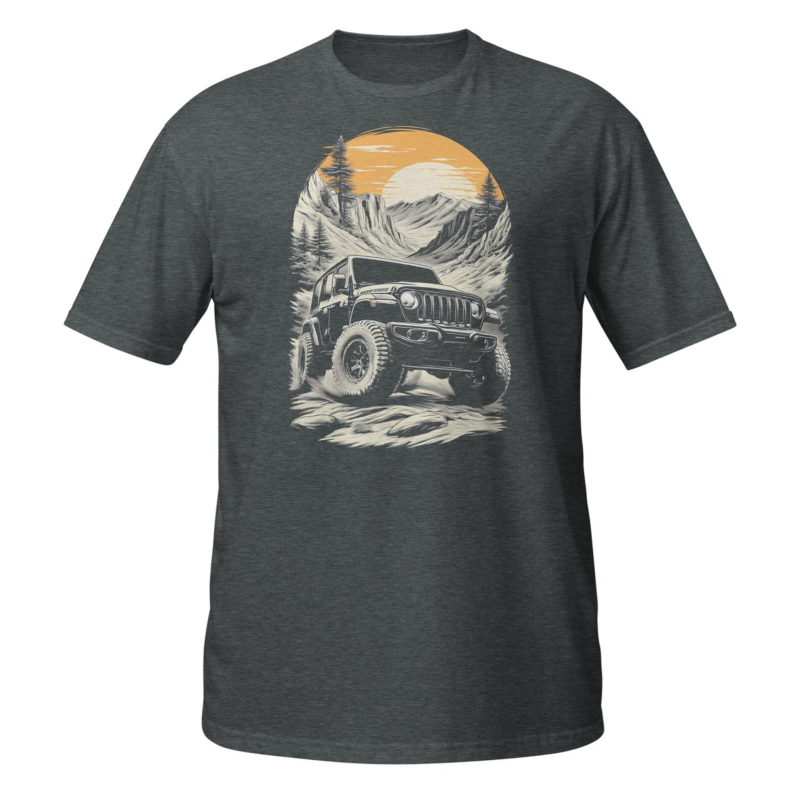 Alpine Sunset Trail - Black 4X4 Trail Rig Unisex T-Shirt - Dark Heather - Image 9
