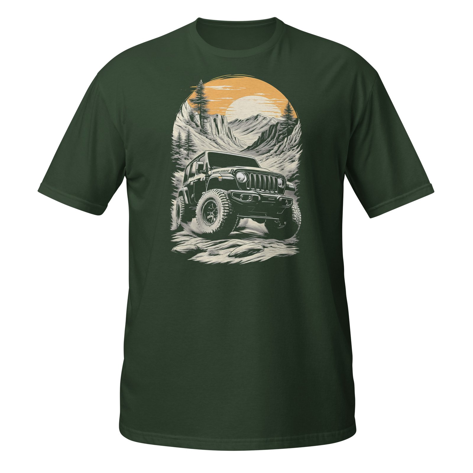 Alpine Sunset Trail - Black 4X4 Trail Rig Unisex T-Shirt - Forest Green - Image 7