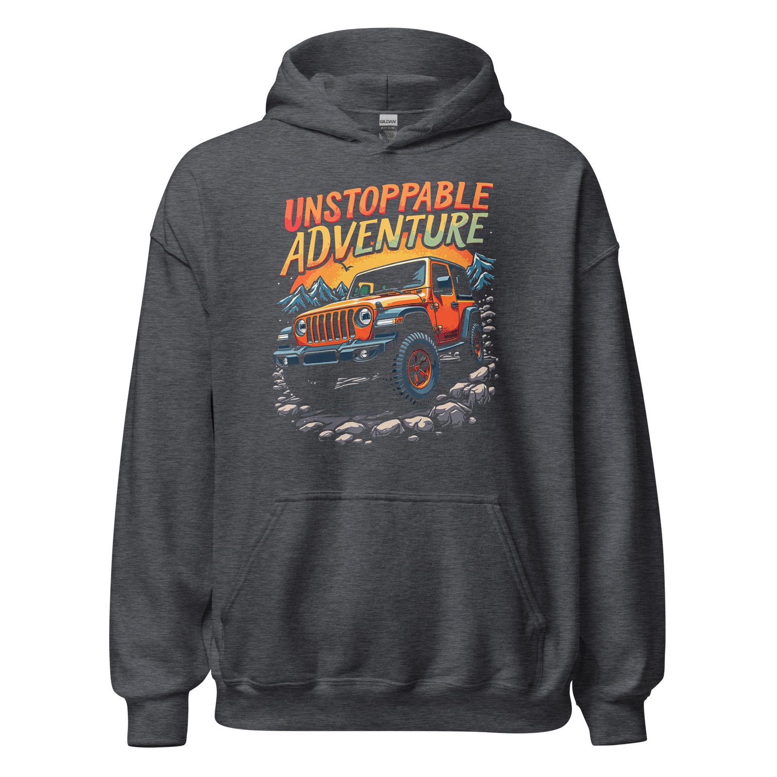Unstoppable Adventure - Rugged Mountain 4X4 Trail Unisex Hoodie - Dark Heather - Image 1