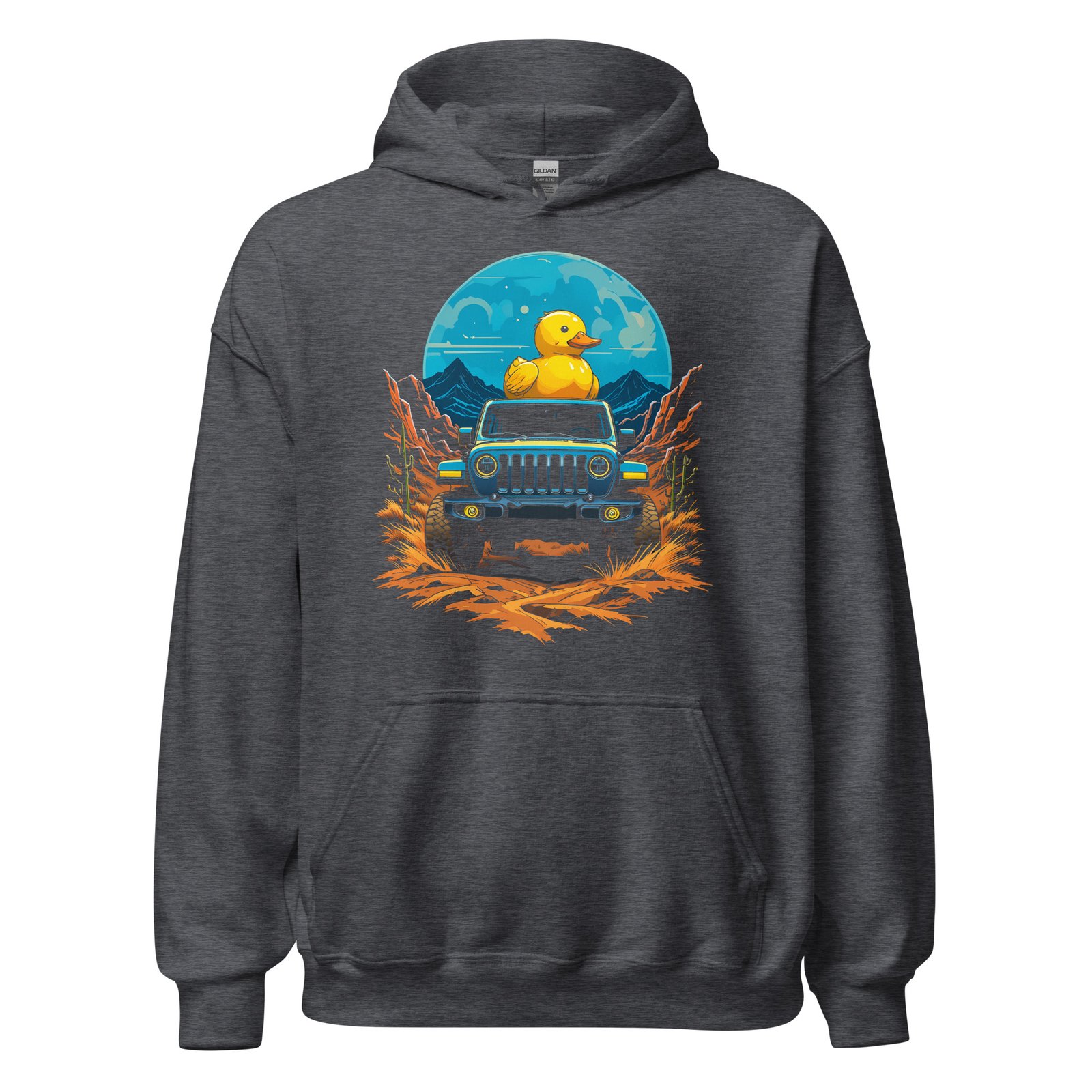 Duck Duck 4X4 - Cyan Duck Off-Road Rig Unisex Hoodie - Dark Heather - Image 7