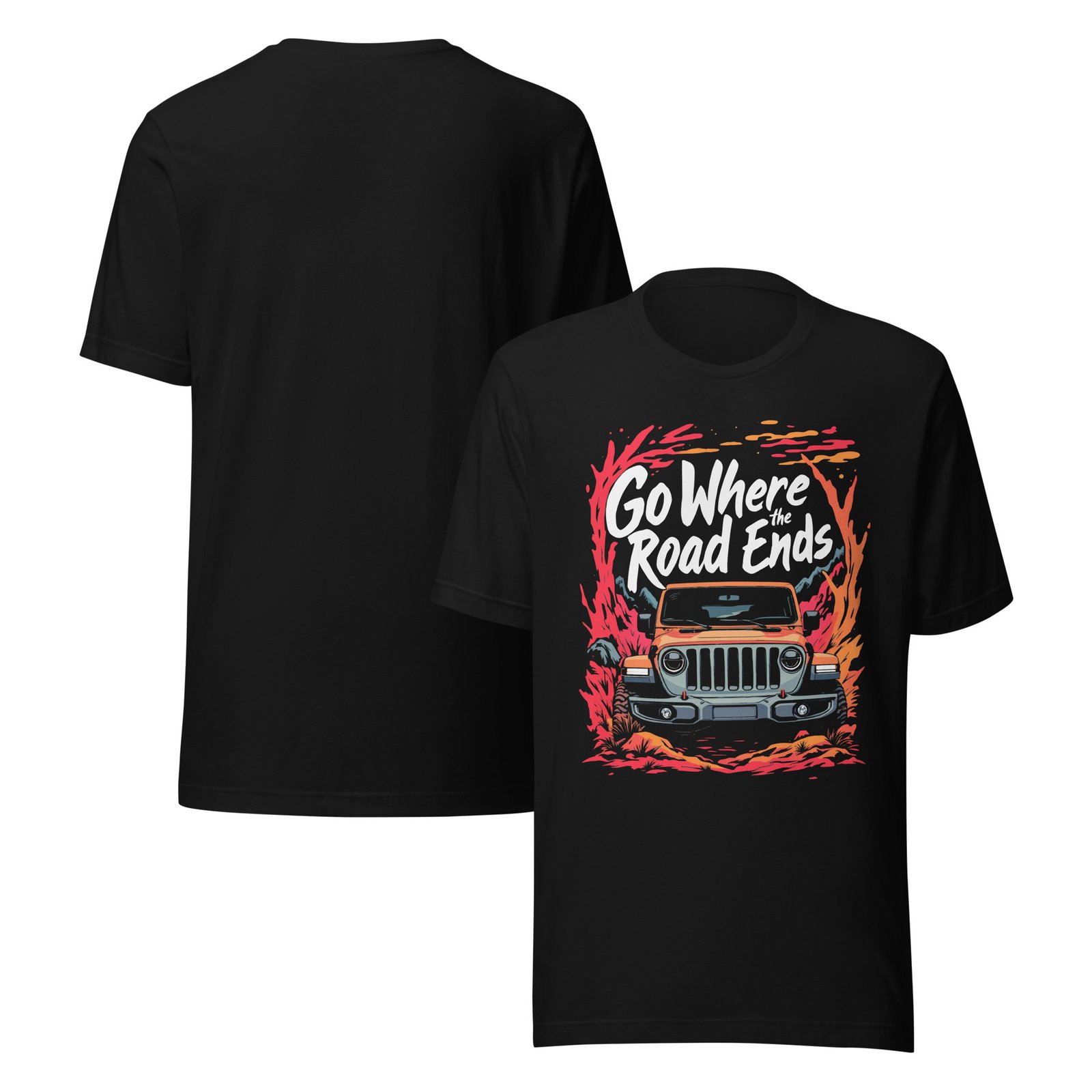 Go Where The Road Ends - Sunset Mountain Off-Road Explorer Unisex Graphic Tee - Black - Image 1