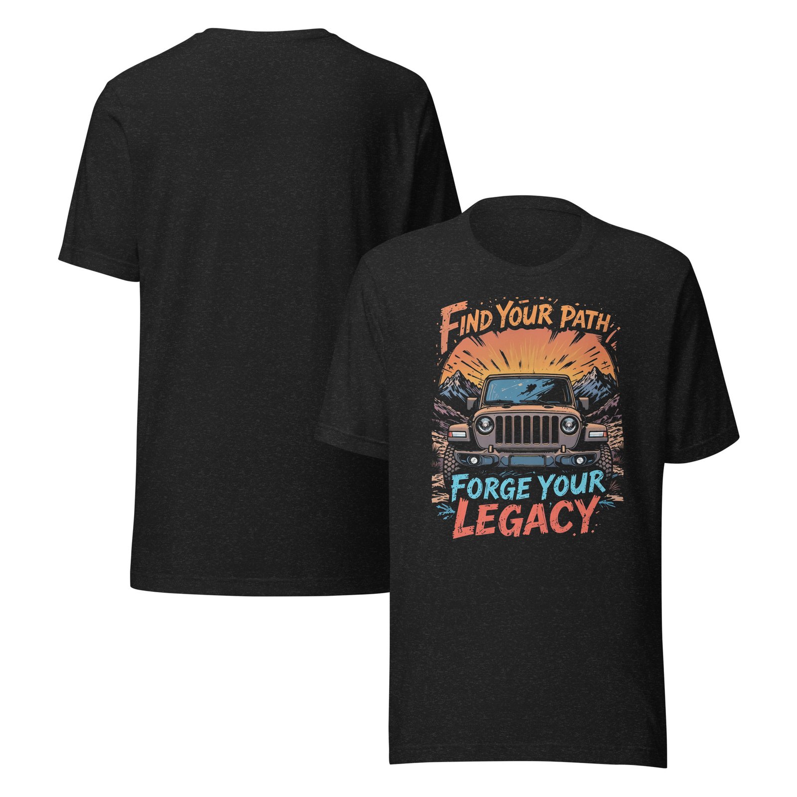 Find Your Path Forge Your Legacy - Sunset Summit Off-Road Explorer Unisex Graphic Tee - Black Heather - Image 2