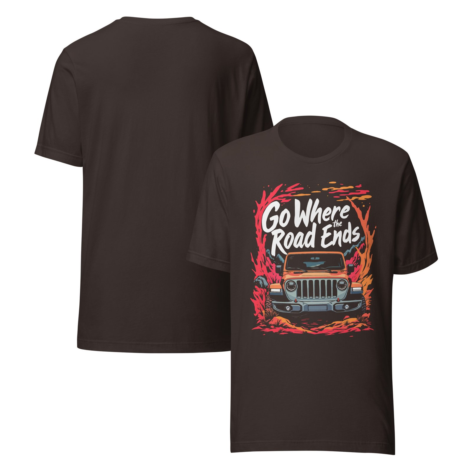 Go Where The Road Ends - Sunset Mountain Off-Road Explorer Unisex Graphic Tee - Brown - Image 3