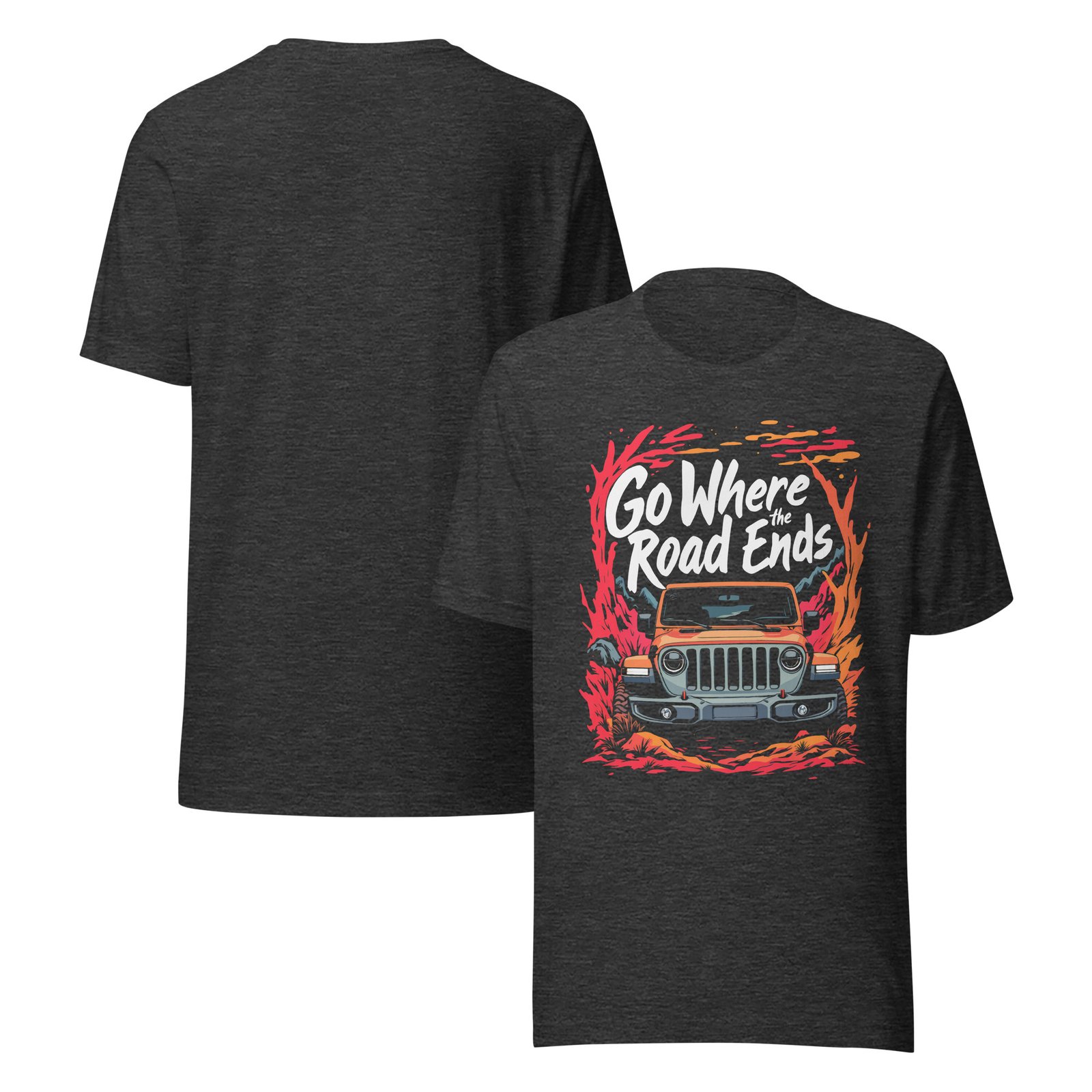 Go Where The Road Ends - Sunset Mountain Off-Road Explorer Unisex Graphic Tee - Dark Grey Heather - Image 4