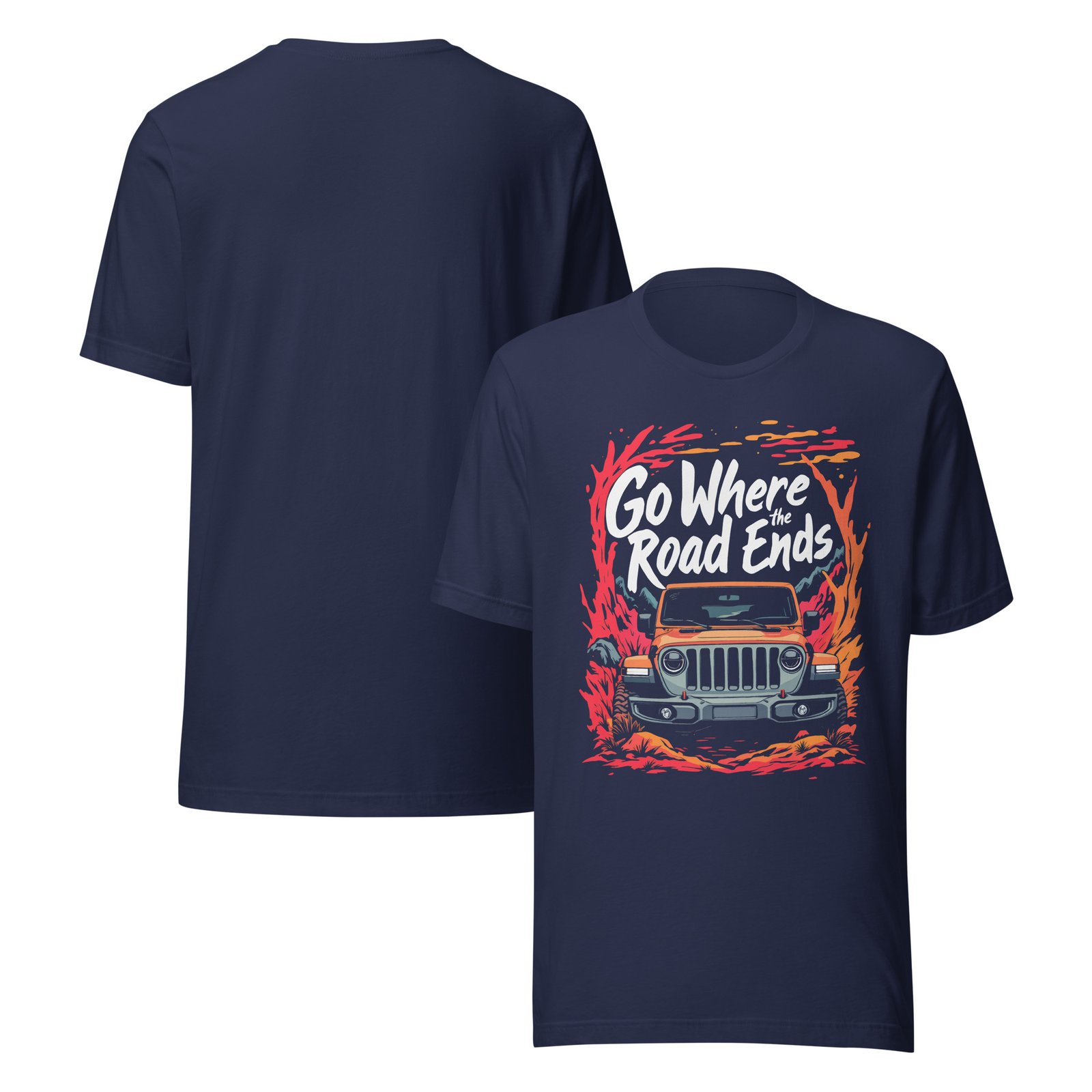 Go Where The Road Ends - Sunset Mountain Off-Road Explorer Unisex Graphic Tee - Navy - Image 2