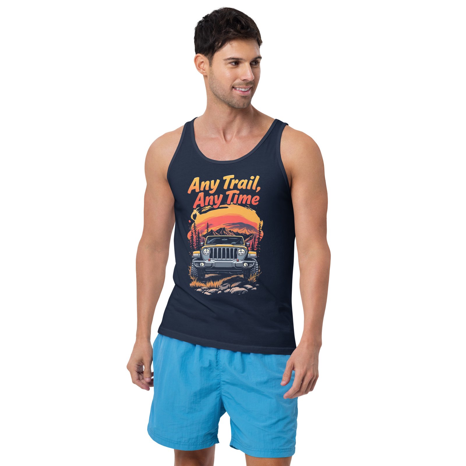 Any Trail Any Time - Yellow 4X4 Trail Rig Unisex Tank Top - Navy - Image 1