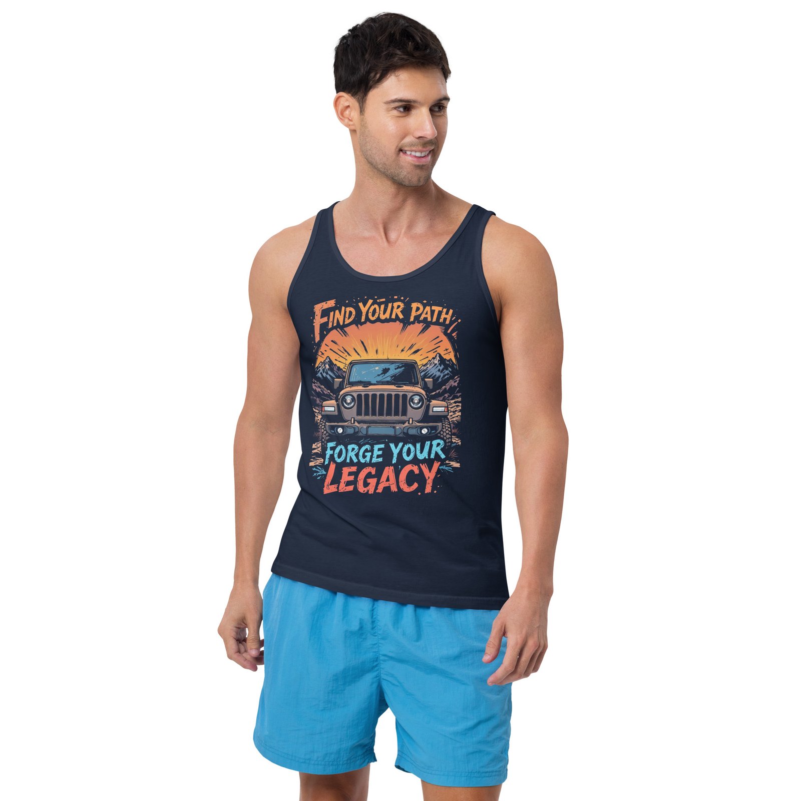 Find Your Path Forge Your Legacy - Sunburst Alpine Off-Road Rig Unisex Tank Top - Navy - Image 1