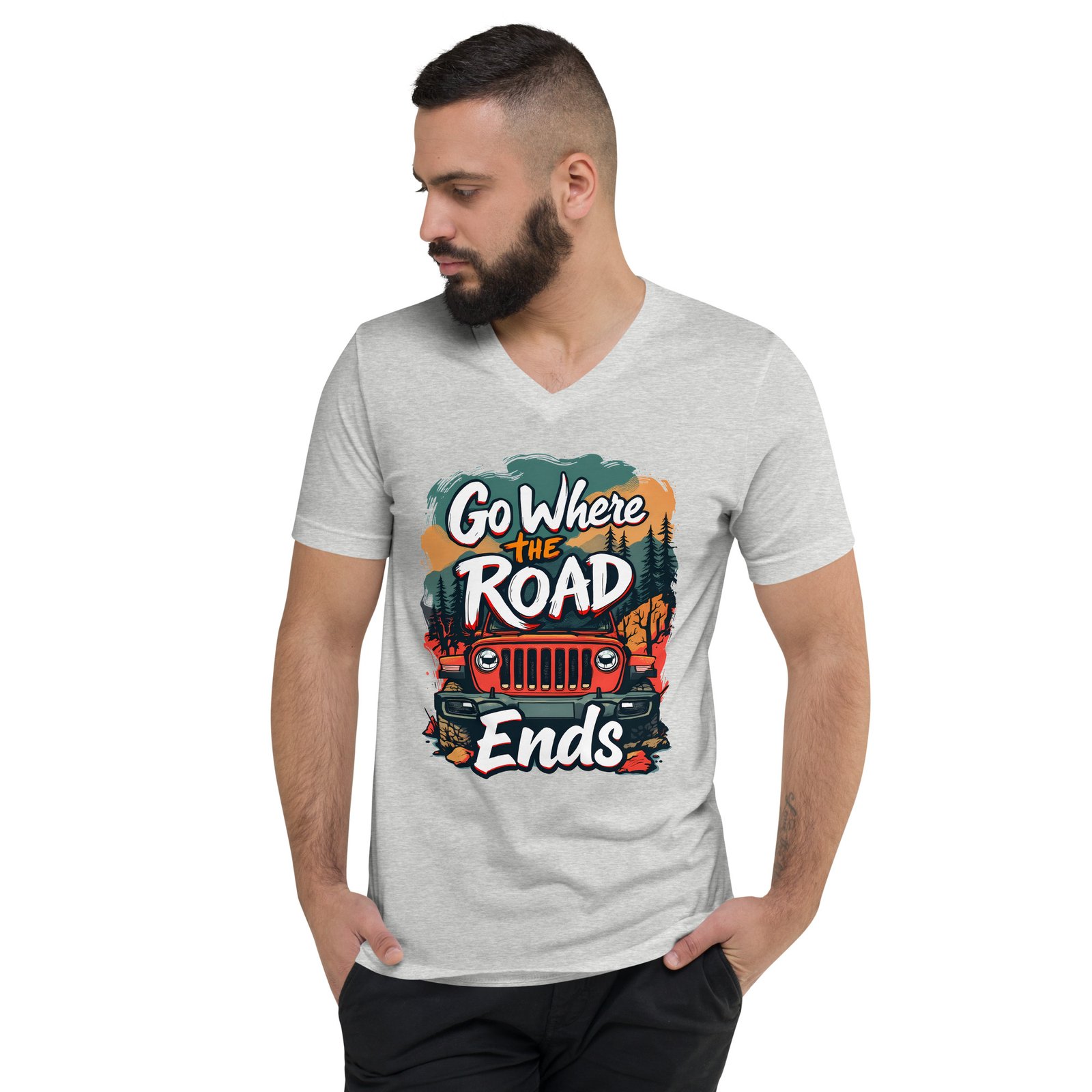 Go Where The Road Ends - Alpine Woods Off-Road Unisex V-Neck Shirt - Athletic Heather - Image 2