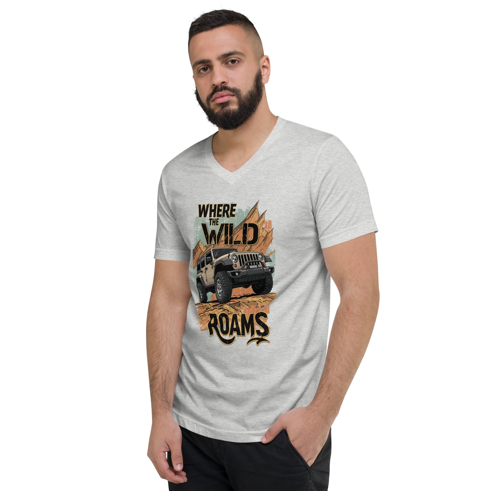 Where The Wild Roams - High Clearance 4X4 Rig Unisex V-Neck Shirt - Athletic Heather, White - Image 3