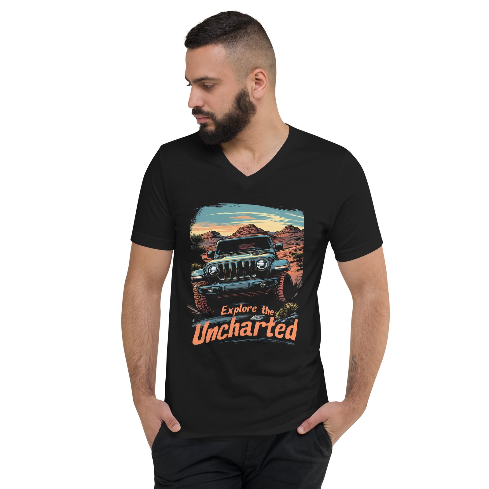 Explore The Uncharted - Canyon Rim Off-Road Unisex V-Neck Shirt - Black - Image 2