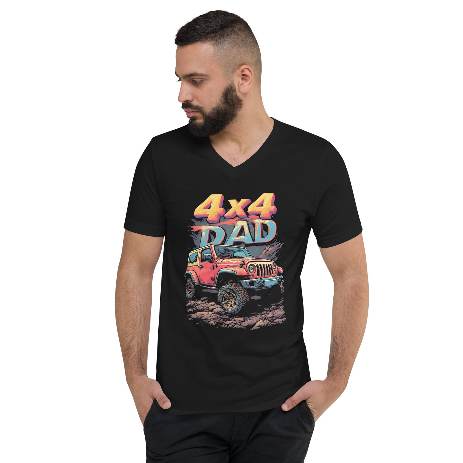 4X4 Dad - Custom 4X4 Dad Rig Unisex V-Neck Shirt - Black - Image 2