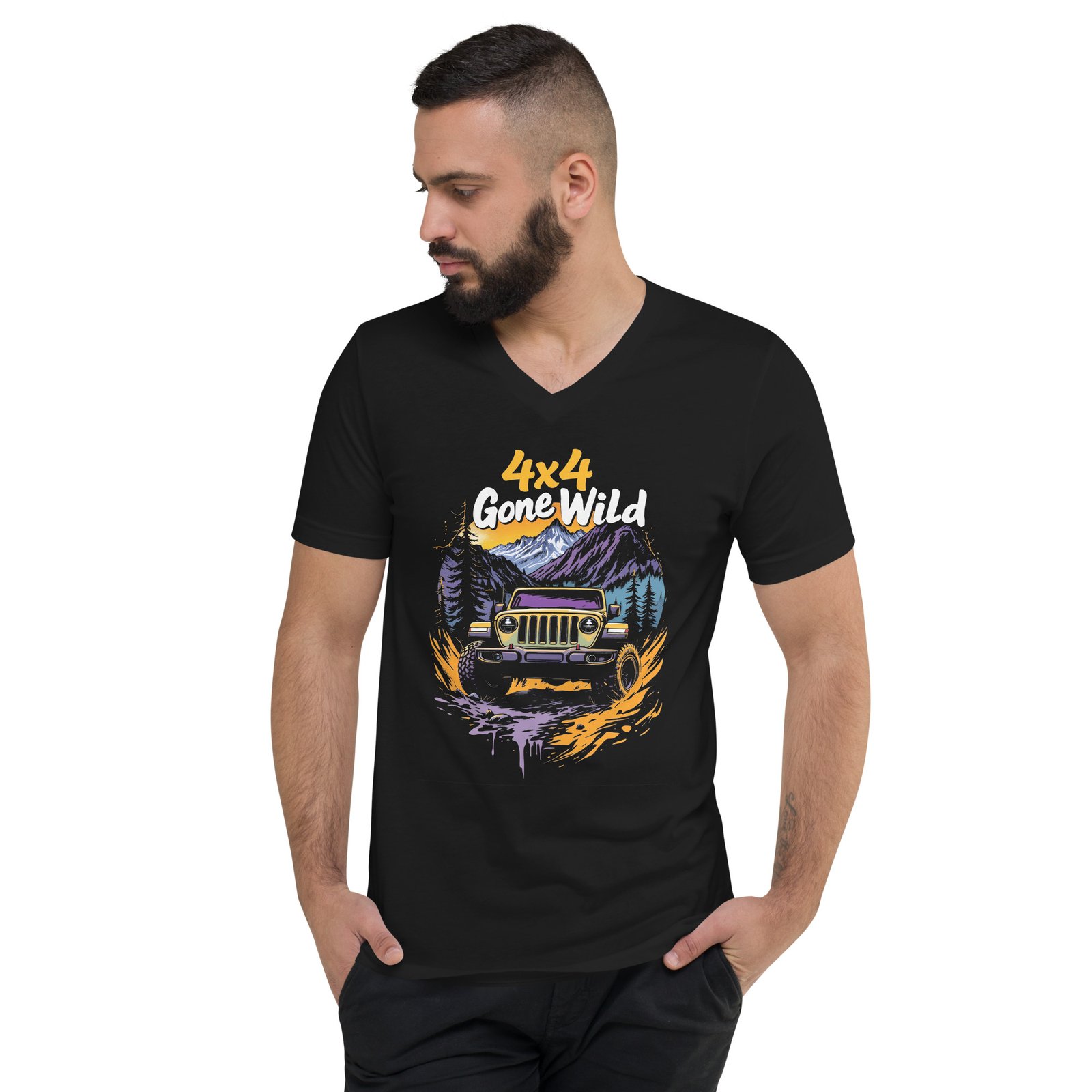 4X4 Gone Wild - Puddle Splash Off-Road Unisex V-Neck Shirt - Black - Image 2