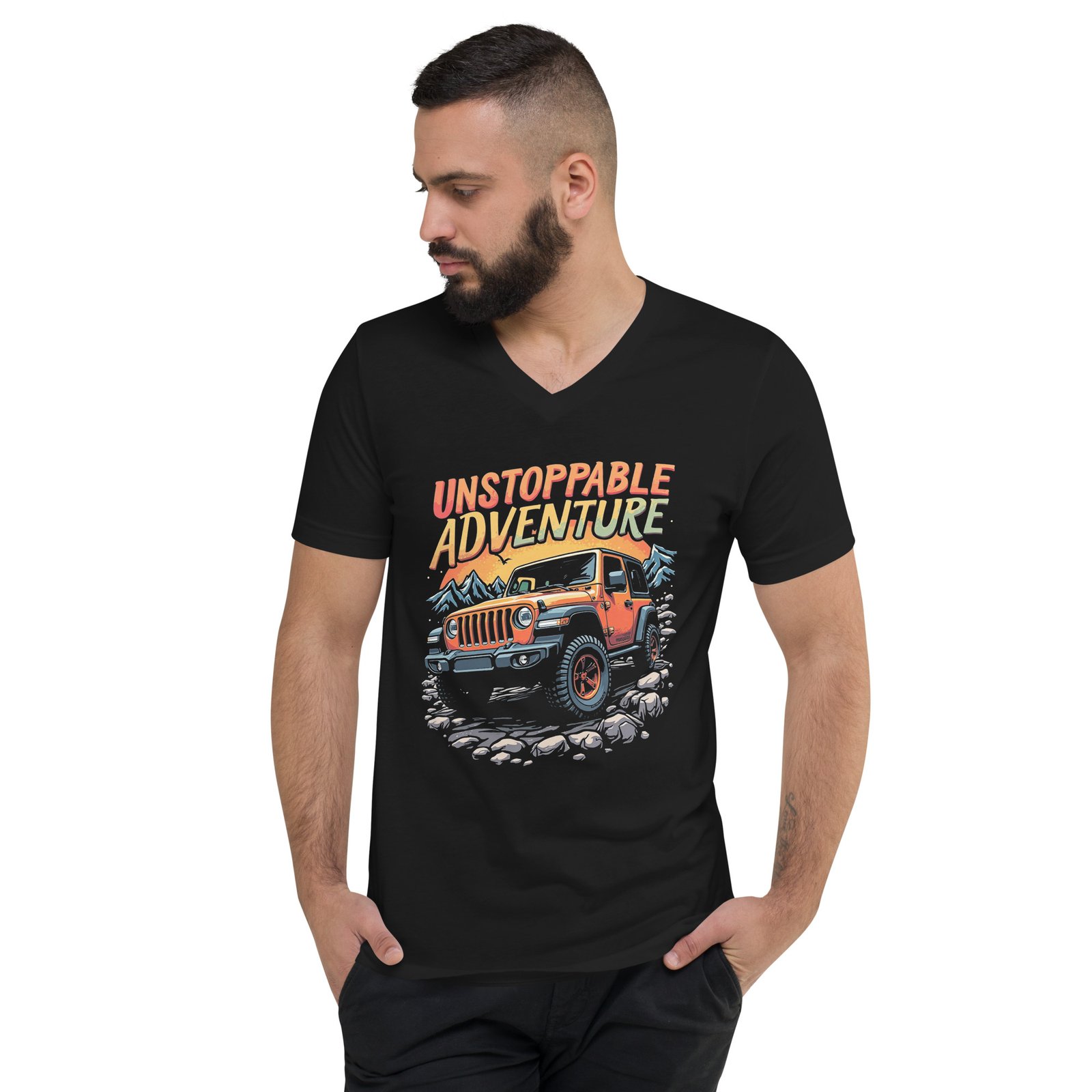 Unstoppable Adventure - Sunset Ridge 4X4 Crawler Unisex V-Neck Shirt - Black - Image 2