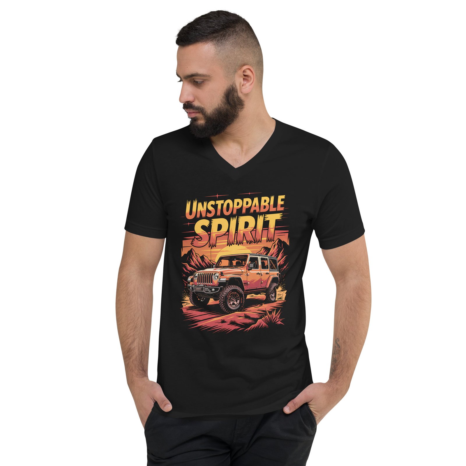 Unstoppable Spirit - Sunset Desert 4X4 Crawler Unisex V-Neck Shirt - Black - Image 2