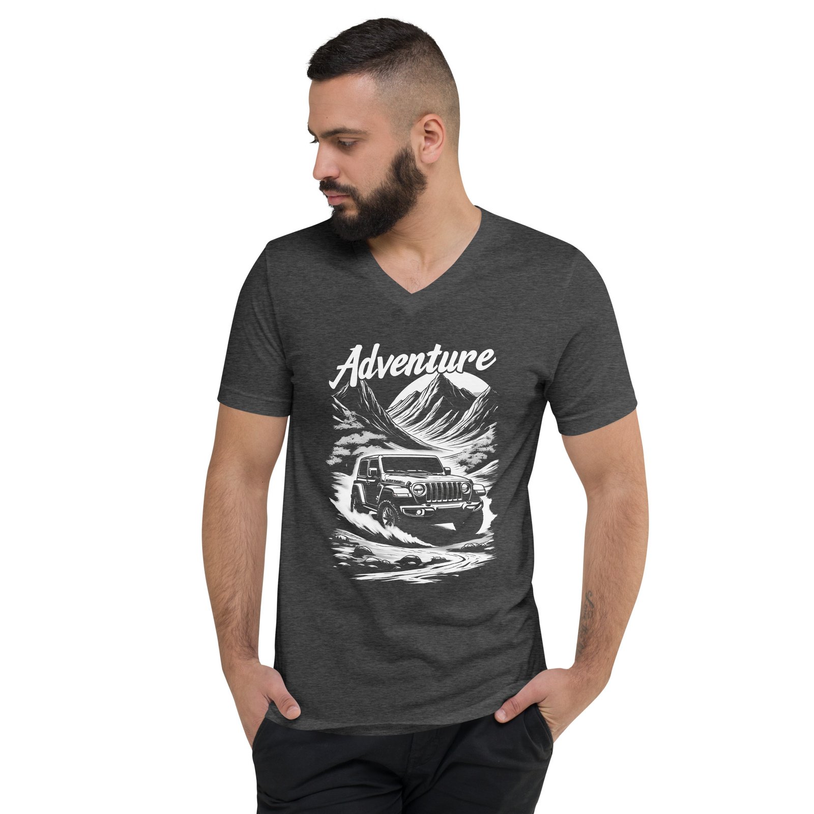 Adventure - Backcountry Stream Off-Road Unisex V-Neck Shirt - Dark Grey Heather - Image 5