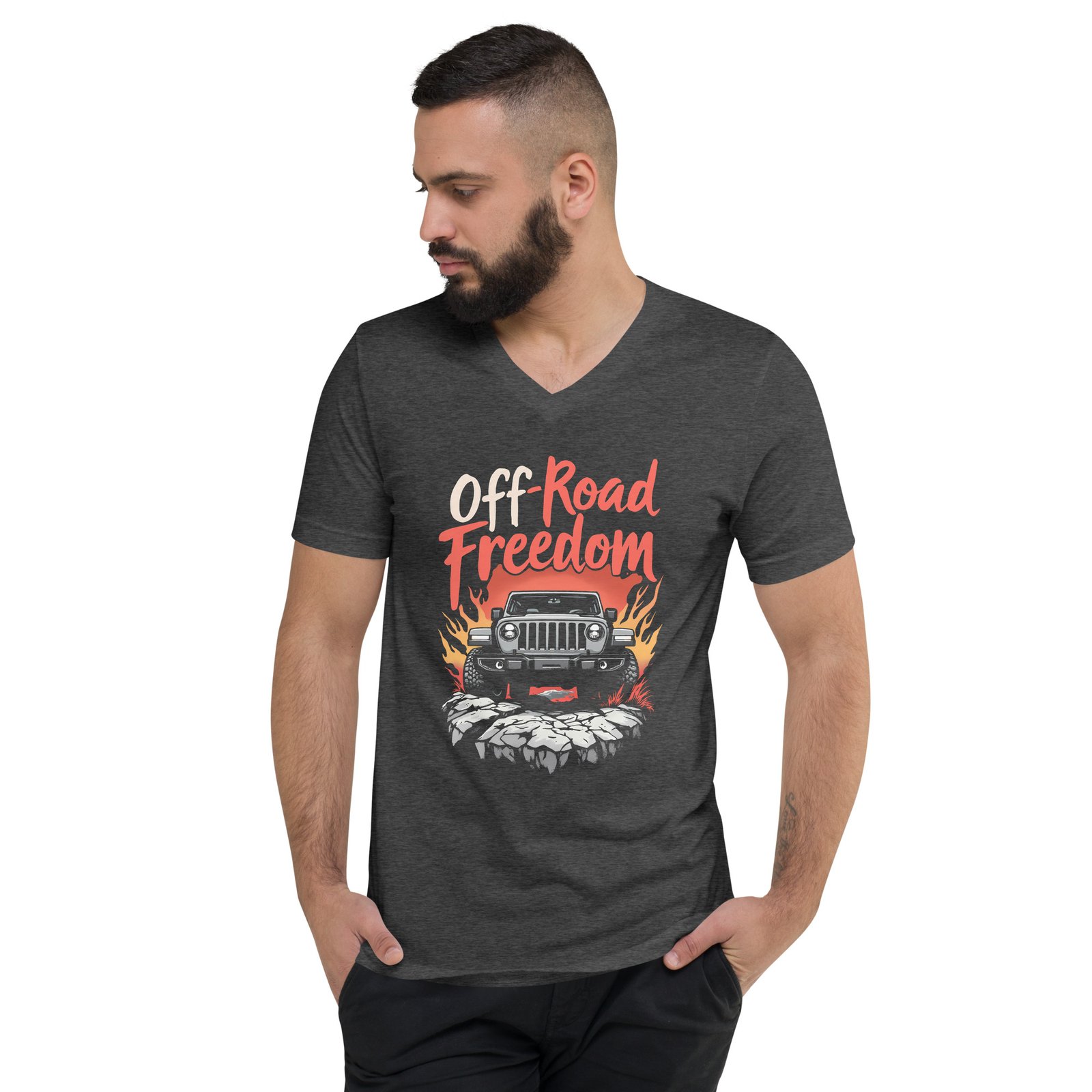 Off-Road Freedom - High Clearance 4X4 Rig Unisex V-Neck Shirt - Dark Grey Heather - Image 1