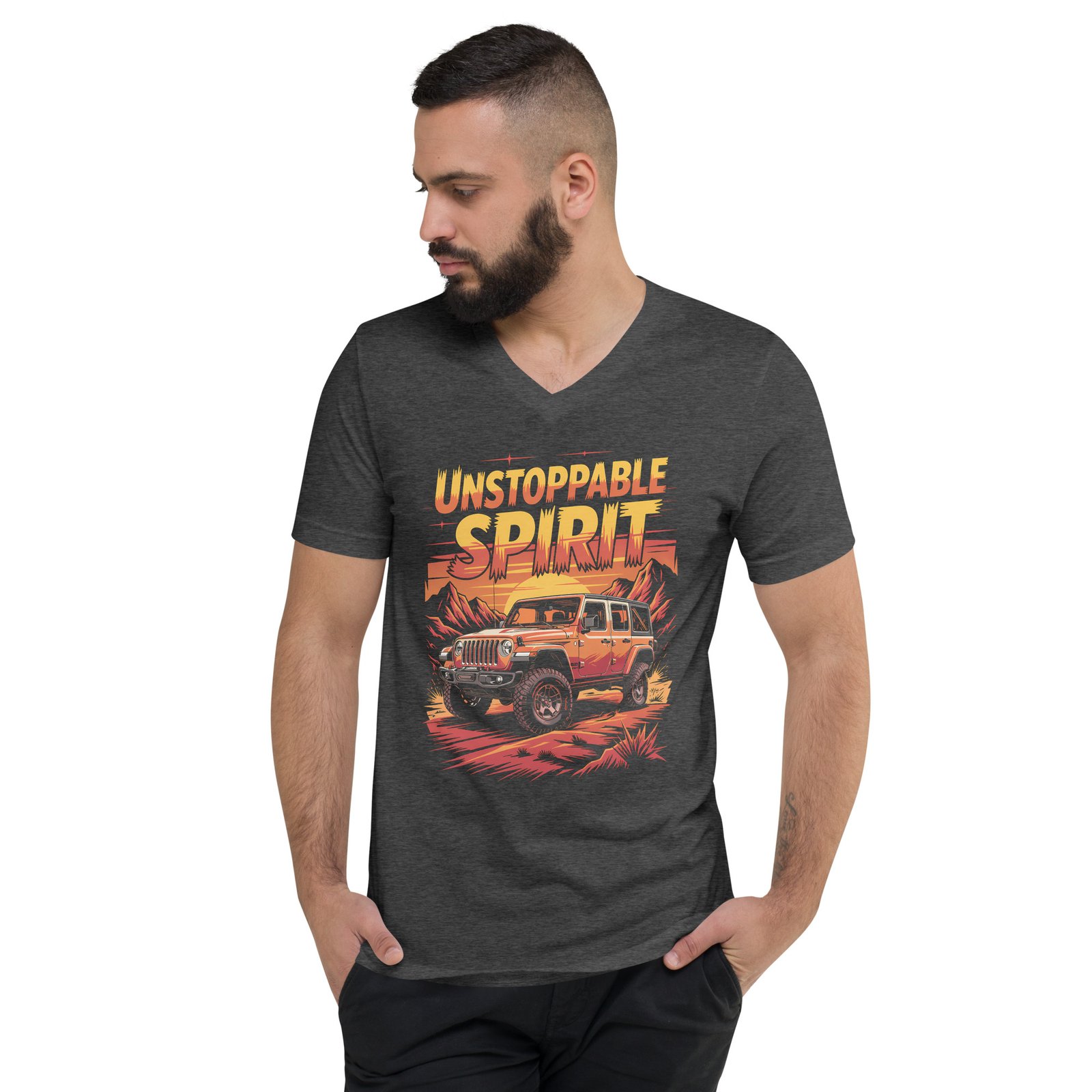 Unstoppable Spirit - Sunset Desert 4X4 Crawler Unisex V-Neck Shirt - Dark Grey Heather - Image 5