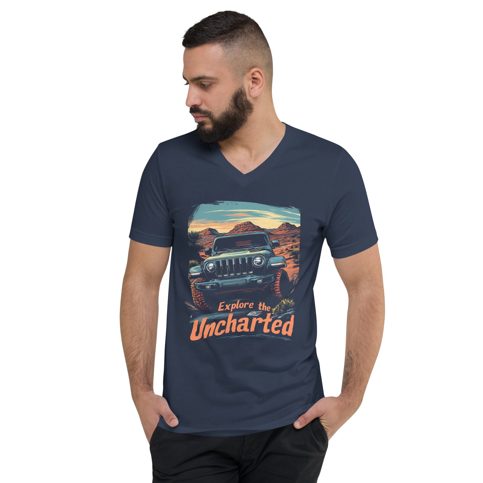 Explore The Uncharted - Canyon Rim Off-Road Unisex V-Neck Shirt - Navy - Image 4