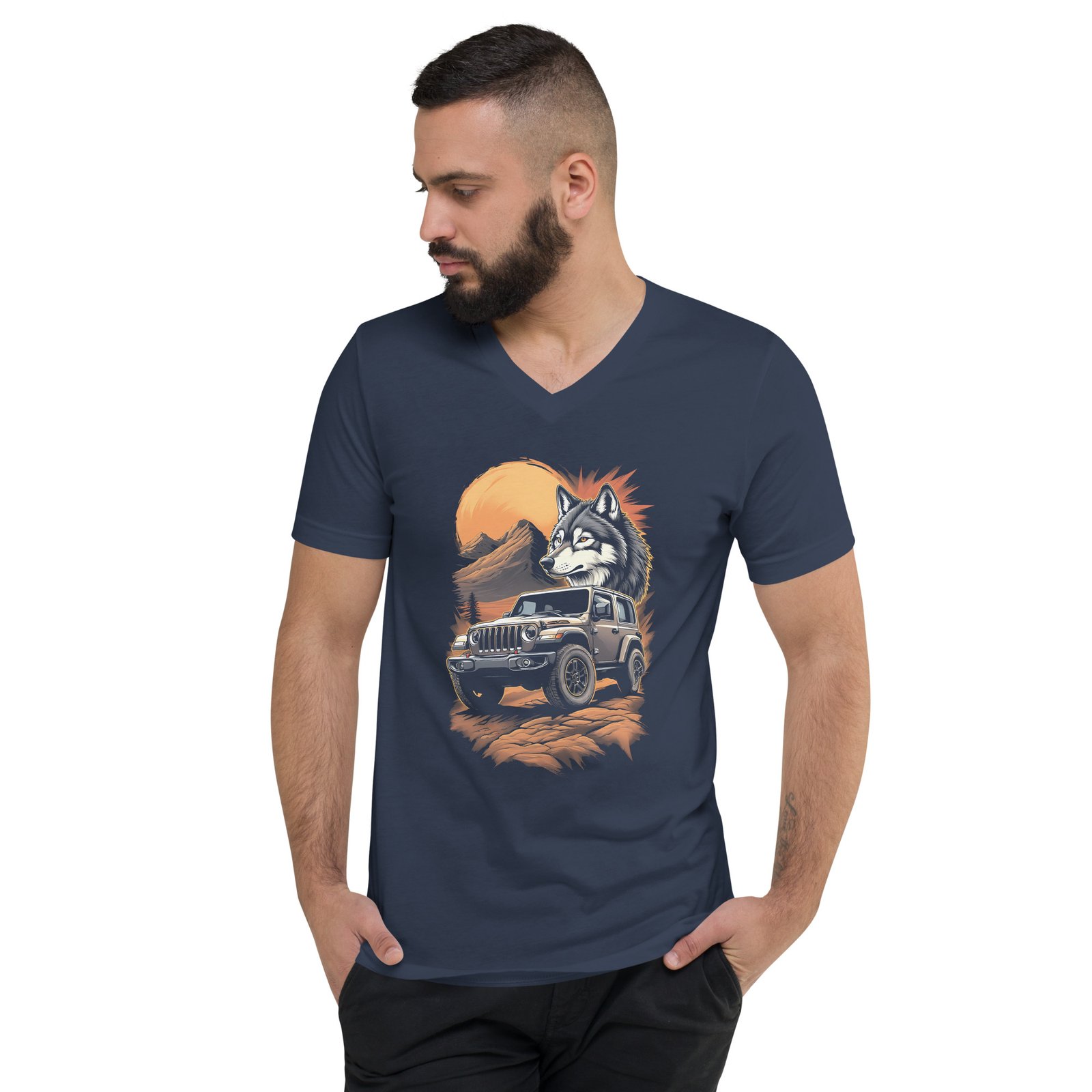 Lone Wolf - Moonlit Peak Off-Road Unisex V-Neck Shirt - Navy - Image 1
