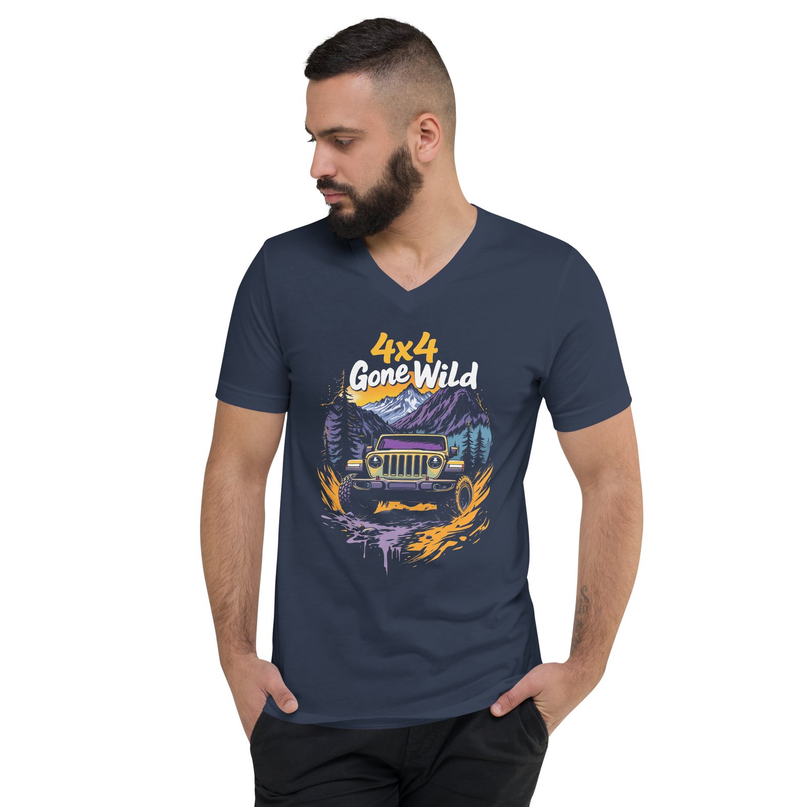 4X4 Gone Wild - Puddle Splash Off-Road Unisex V-Neck Shirt - Navy - Image 1