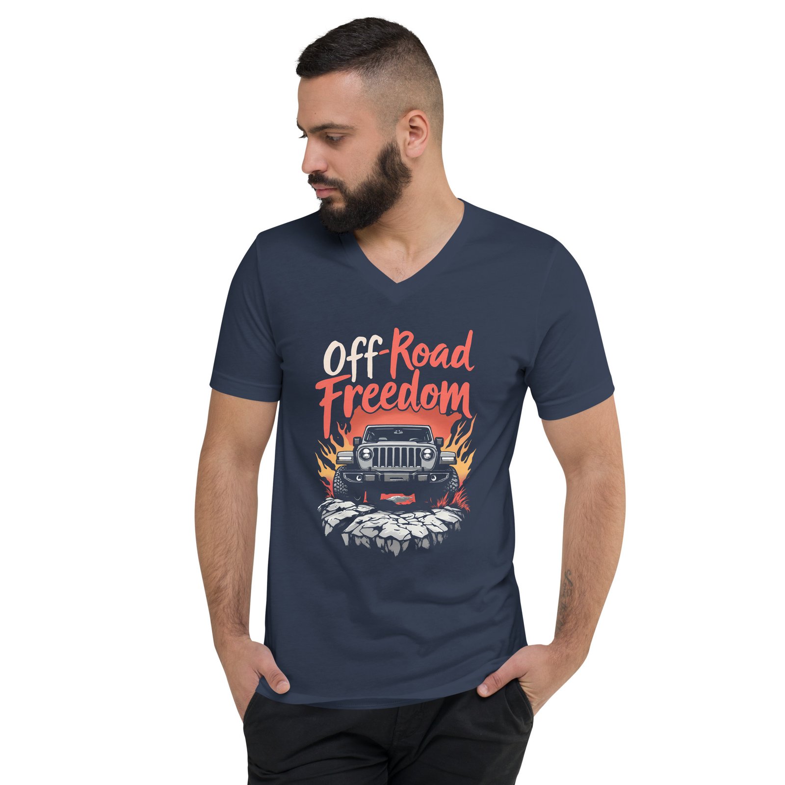 Off-Road Freedom - High Clearance 4X4 Rig Unisex V-Neck Shirt - Navy - Image 4