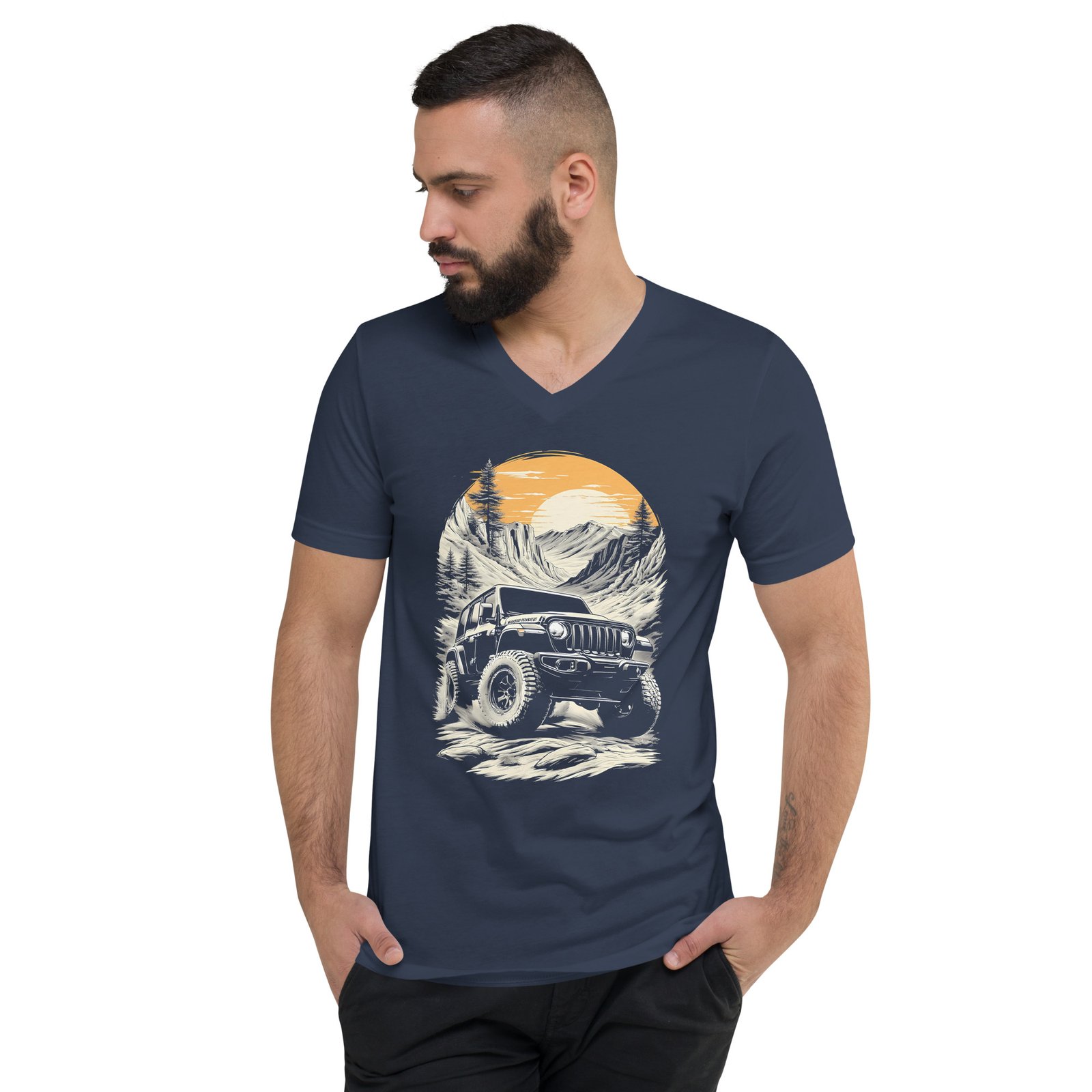 Alpine Sunset Trail - High Clearance 4X4 Rig Unisex V-Neck Shirt - Navy - Image 1