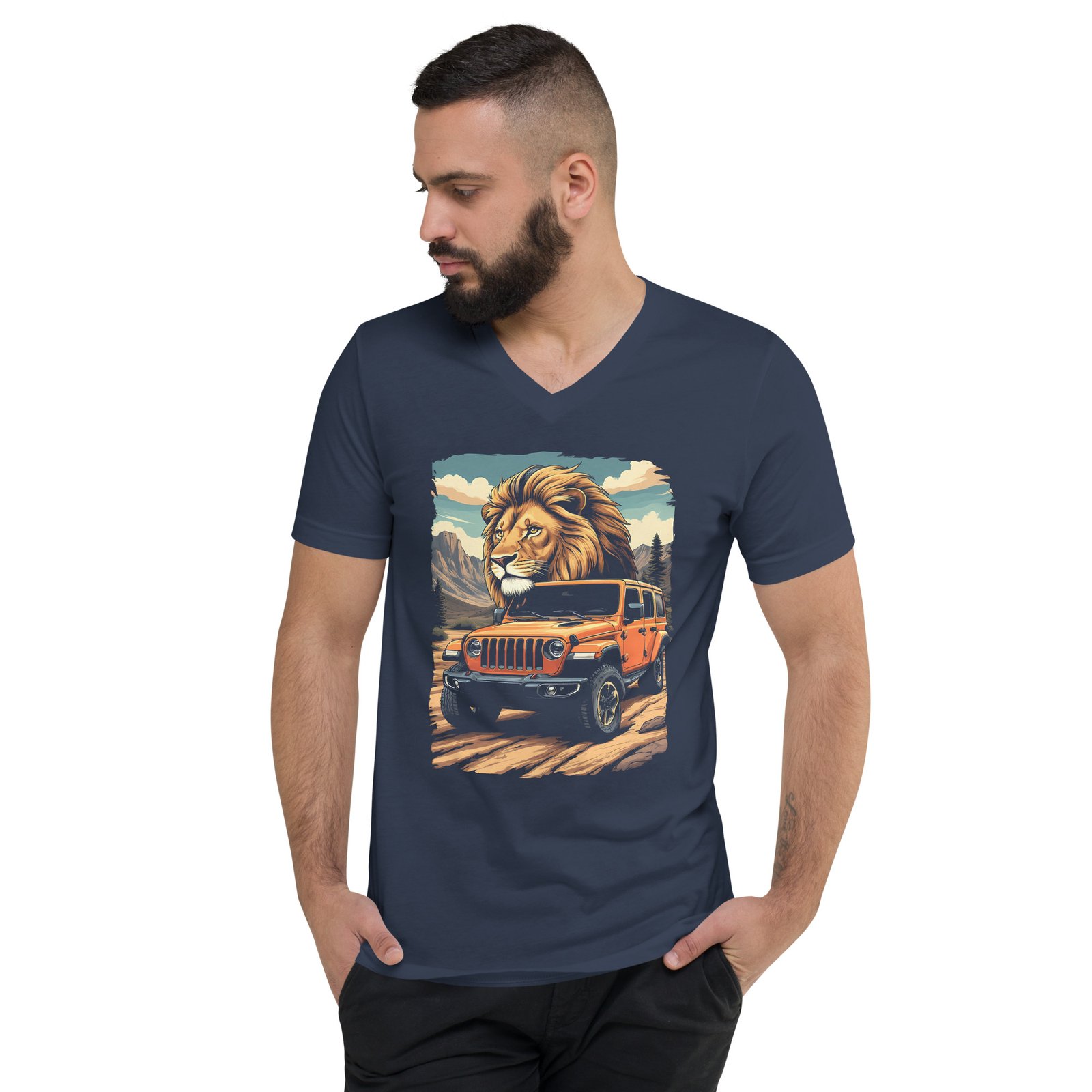 King Of The Trail - Cliffside Crawler Off-Road Rig Unisex V-Neck Shirt - Navy - Image 4