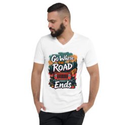 Go Where The Road Ends - Alpine Woods Off-Road Unisex V-Neck Shirt - White - Image 1