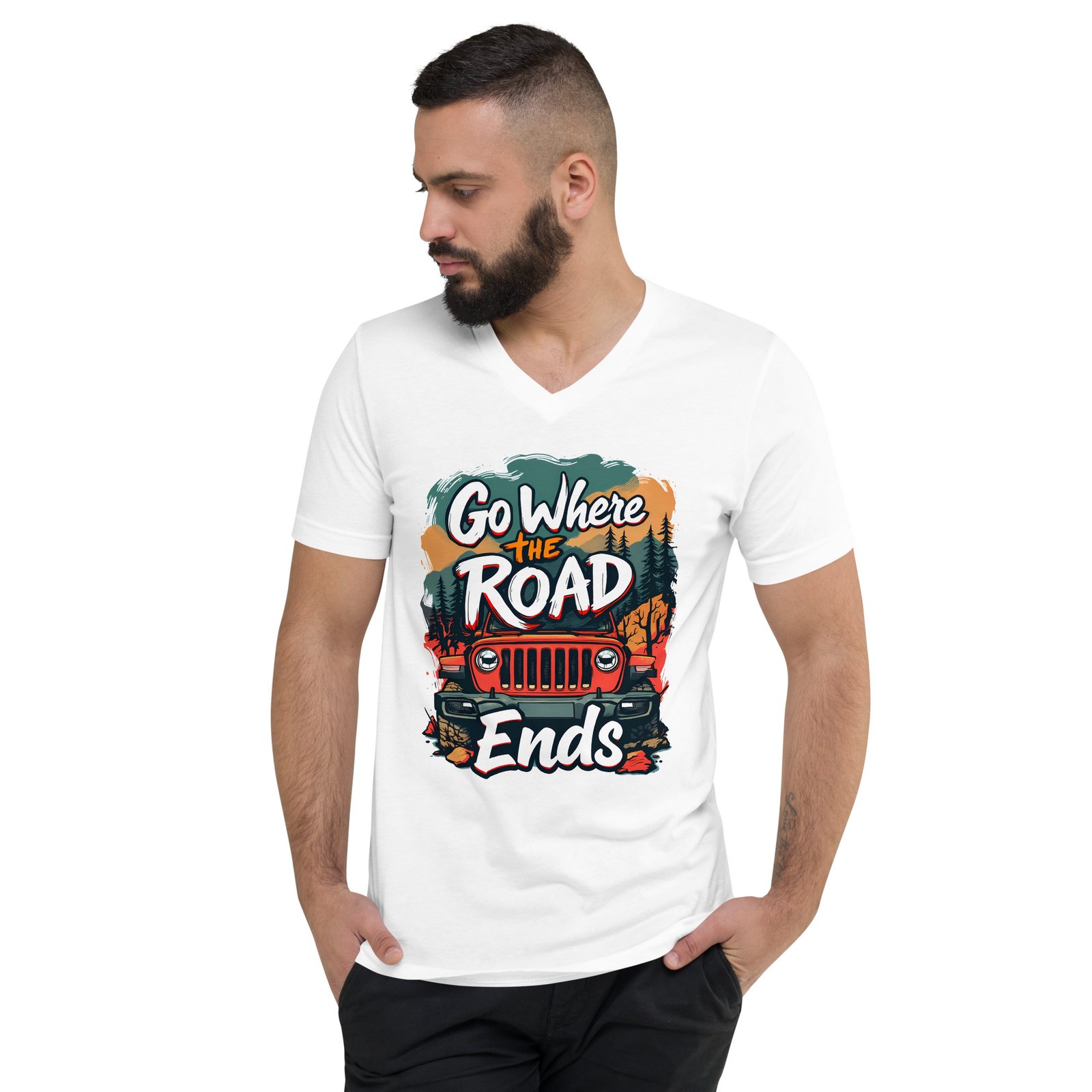 Go Where The Road Ends - Alpine Woods Off-Road Unisex V-Neck Shirt - White - Image 1