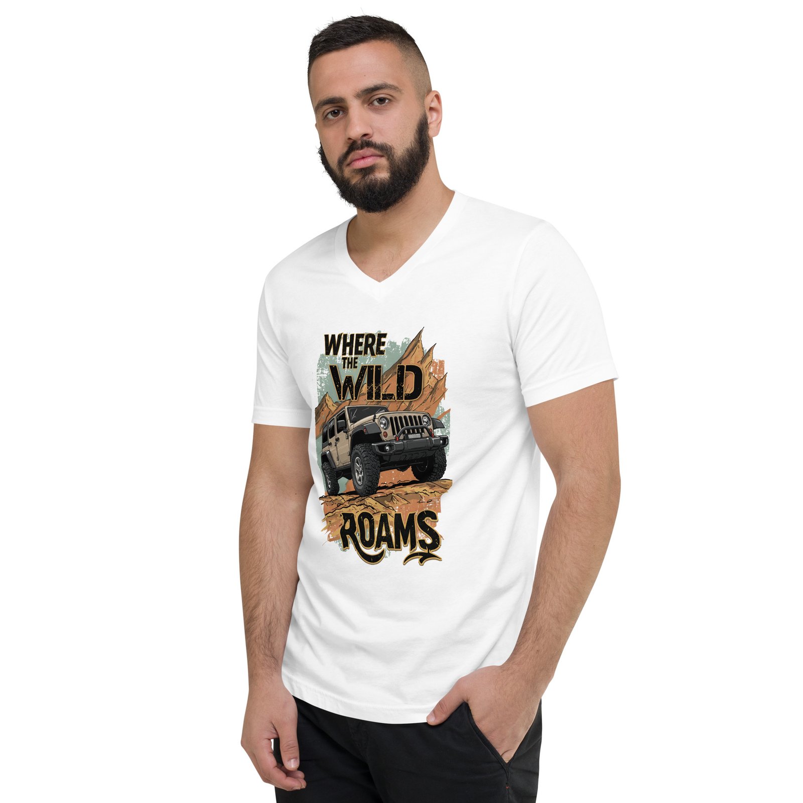 Where The Wild Roams - High Clearance 4X4 Rig Unisex V-Neck Shirt - Athletic Heather, White - Image 4